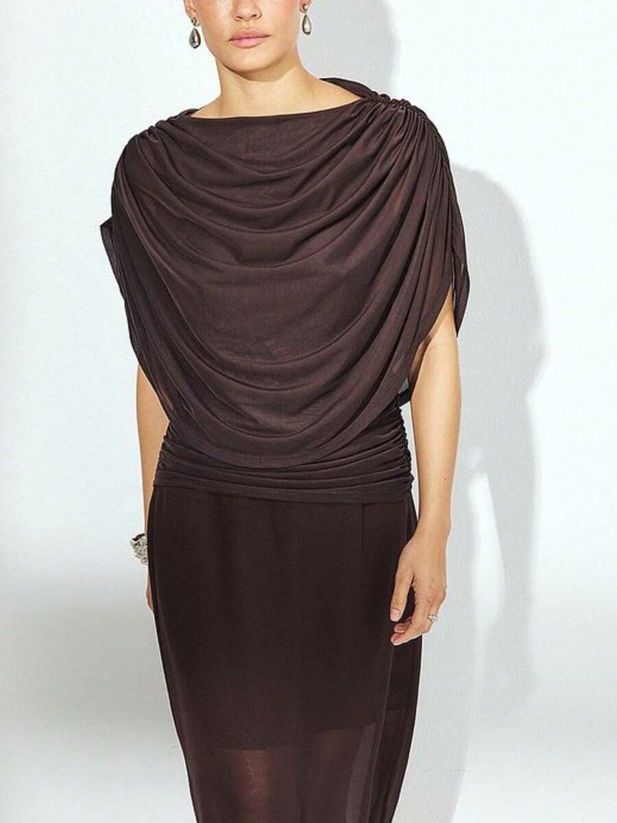Women Y2k Tops Long Sleeve Fashionable Ruched Autumn Pullover Basic Shirt Stylish Solid Color Slim Versatile Style Winter Blouse For Party Club Daily - marrón oscuro - Ver 1