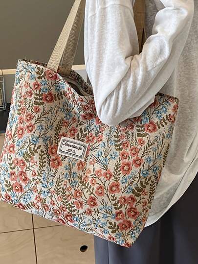 1 Vintage Floral Women's Handbag Shoulder Bag - Large Capacity Tote Bag, Zipper Closure And Red And Blue Pattern, Forest Style, Suitable For Work, Travel, Shopping, Daily Multifunctional Handbag, Secure Zipper Design