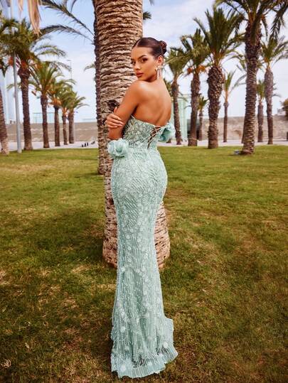 Faeriesty Haute Glamour Luxury Sequin & Bead Mermaid Evening Gown With Off-Shoulder & Ruffle Flower Accents, Tailored Fish-Tail Silhouette & Back Tie Closure – Perfect For Weddings, Evening Galas, Red-Carpet Events & Formal Dinners Christmas Matching Outfits