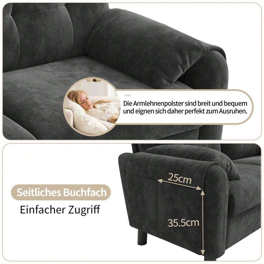 Nowoczesna 2-osobowa sofa, odpowiednia dla Polstersofa aus Chenille Stoff mit dicken Kissen, gemütliche Couch für Wohnzimmer, Schlafzimmer, kleine Wohnung, Polstermöbel im skandinavischen Design, szary - Czarne - Zobacz 1