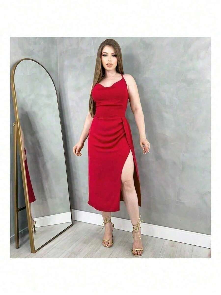Vestido Midi Duna Fenda Lateral, Costas Aberta Elegante Festa e Sensual