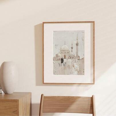 1 Stück rahmenloses islamisches Moschee Wandkunst digitales Gemälde in beige neutralem Ton mit strukturierter architektonischer spiritueller islamischer Heimdekoration, weißes Kunstwerk Ramadan muslimisches Leinwandposter für Wohnzimmer, Schlafzimmer, Studentenwohnheim, moderne Heimdekoration, Partydekoration, beste Geschenkwahl Schulanfang, Funkyposters, Zimmer Dekoration, Schlafzimmer, Wanddrucke