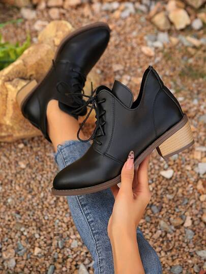 Women's Fashion Brown Pointed Toe Chunky High Heel Ankle Boots - Stylish Soft Exterior, With Front Lace-Up, Suitable For Autumn/Winter