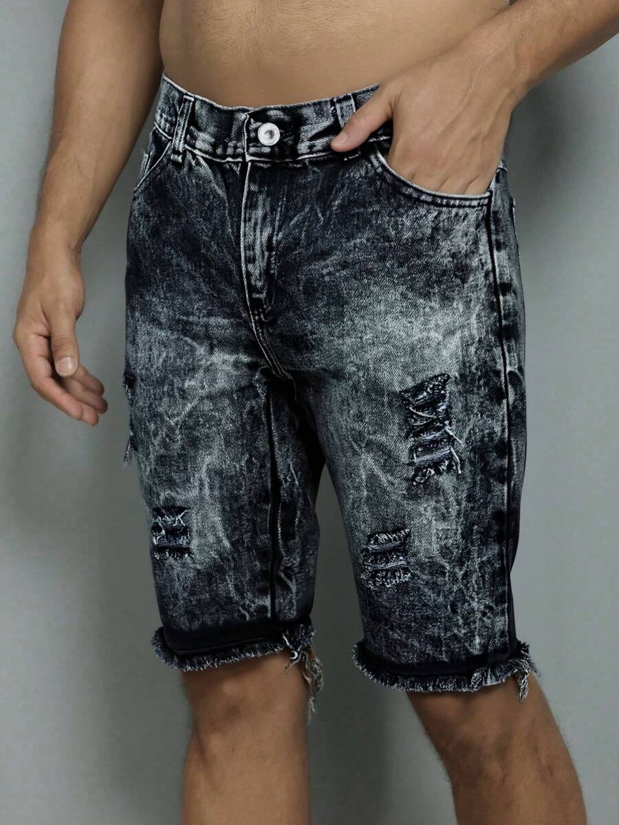 Men's Ripped Bermuda Jeans Summer Fashion 100% Premium Spring And Summer Line - Lavagem Preto 6 - View 1