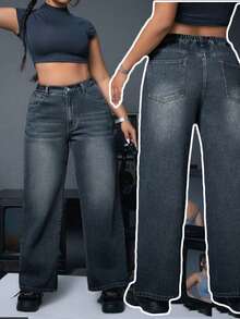 Elegant Wide Leg Jeans Daily Plus Size Summer Outfit For Women High Waist Straight Tube Retro Blue Casual Denim Long Pants