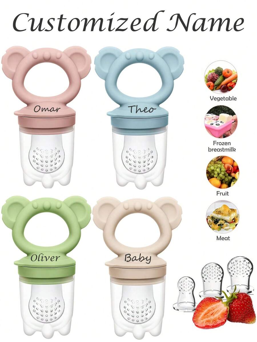 Mordedor de frutas y verduras para bebé con diseño de koala, utensilios de alimentación de silicona, mordedor de frutas y verduras con nombre personalizado, regalo de cumpleaños para bebé - Multicolor - Ver 1