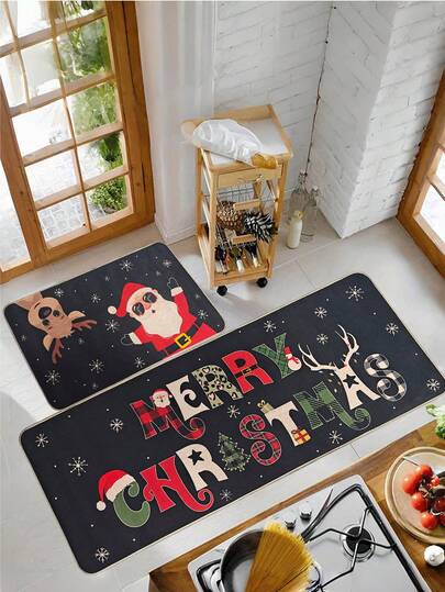 2pcs Christmas Kitchen Mat Set, Linen Rubber Non-Slip Kitchen Rug, Christmas Kitchen Carpet, Christmas Decor, Santa Claus & Deer Non-Slip Kitchen Mat For Floors, Christmas Holiday Home Decor Kitchen Carpet Hallway Laundry Room, 43cm X 76cm + 43cm X 119cm (Black)