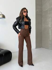 SQUALO Quần jean ống rộng màu sắc có túi dành cho nữ, phong cách đường phố cổ điển, rách và cắt xẻ - Màu nâu Sô-cô-la - Xem 4