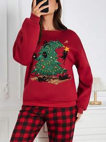 Sudadera de cuello redondo personalizable para uso en el hogar para mujeres, agrega tu propia foto (lema/cita/nombre/número/foto navideña), cálida para el invierno - Burdeos - Ver 6