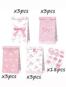 1/30pcs Cute And Beautiful Pink Bow Girls' Party Candy Gift Flat Kraft Paper Bag, Suitable For Valentine's Day And Daily Party Supplies - Multicolor - View 2