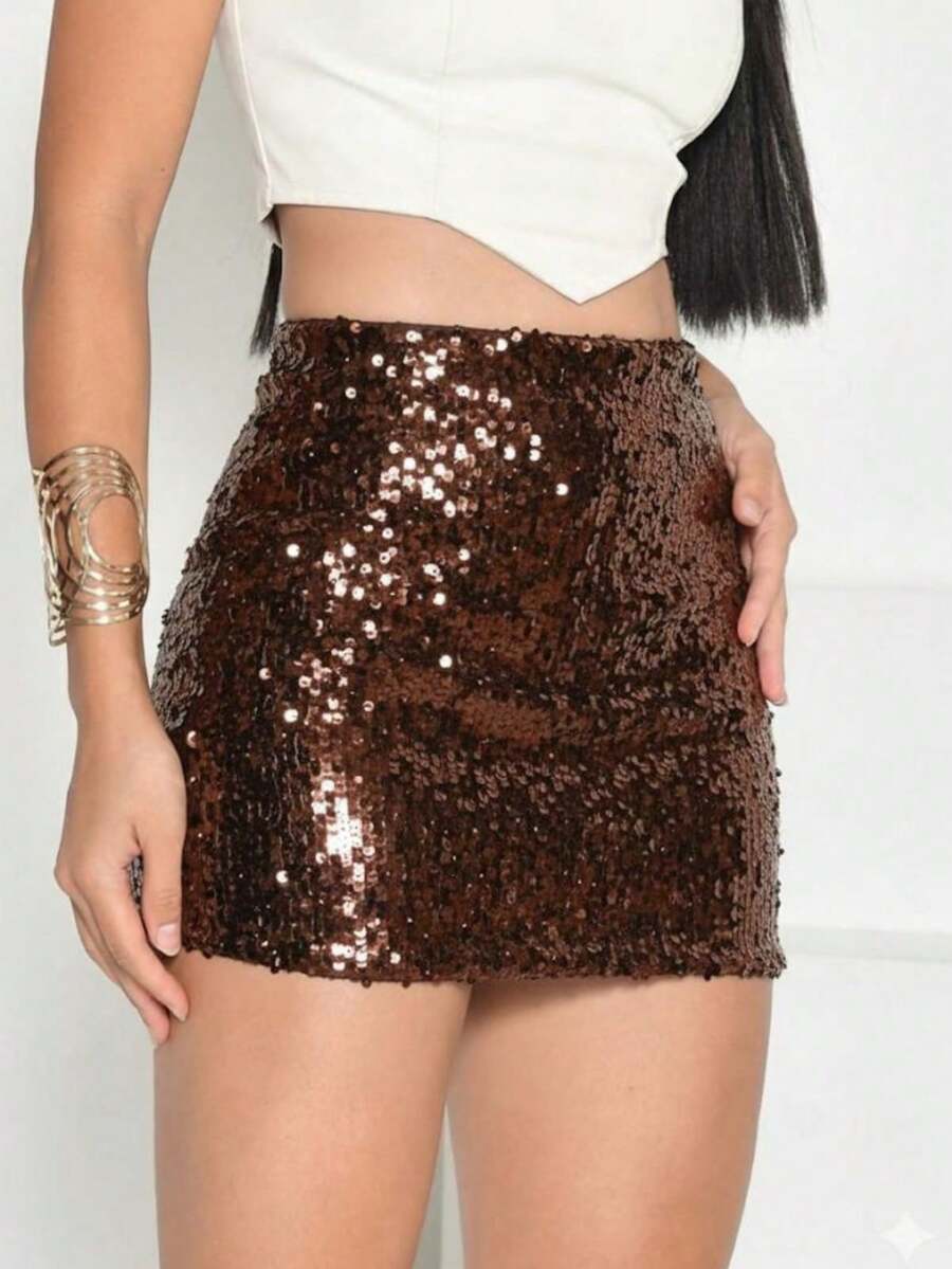 Women's Sequin Mini Skirt Silver Gold Black Short Tight High Waist Shine Women's Clothing Colors Fashion Blogger Party Nightclub Summer Carnival - 鏽棕色 - 查看 1
