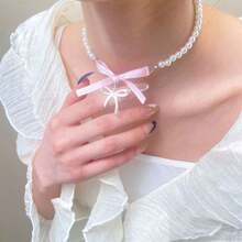 1pc Elegant Necklaces For Women,Heart Shaped Bow Pendant,Pink Choker,Pearl Necklace,Heart Necklaces,Gifts For Women,Jewelry Women