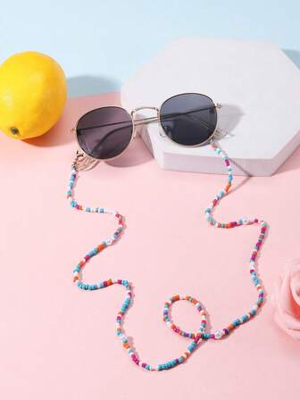 1 Stück Metall Rund-Rahmen Modebrillen für Teenager im Alter von 14-16 Jahren und 1 farbige Perlen-Brillenkette, geeignet für Urlaubsausflüge und Outfit-Kombinationen