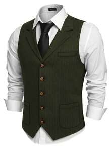 Casual Men's Vests Herringbone Tweed Vest V-Neck Waistcoat For Men Retro Men's Wedding Vests Hunting Travel Workwear Vest - 軍綠色 - 查看 1