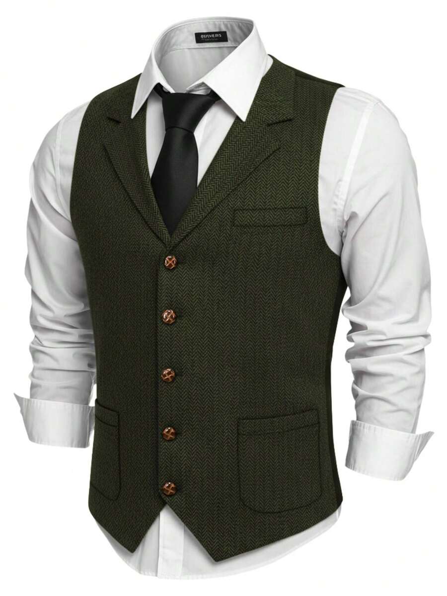 Casual Men's Vests Herringbone Tweed Vest V-Neck Waistcoat For Men Retro Men's Wedding Vests Hunting Travel Workwear Vest - 軍綠色 - 查看 1