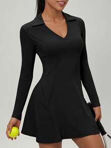 GOSOUER Women's Lapel Long Sleeve Tennis Skirt Dress V-Neck Waist Slimming Casual Fitness Workout Athletic Dress For Autumn Fall Winter