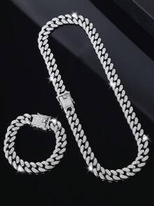 2 Pieces Exquisite Cuban Chain Necklace Bracelet Set, Unisex Hip-Hop Jewelry, Sparkling Christmas/Valentine's Day Gift