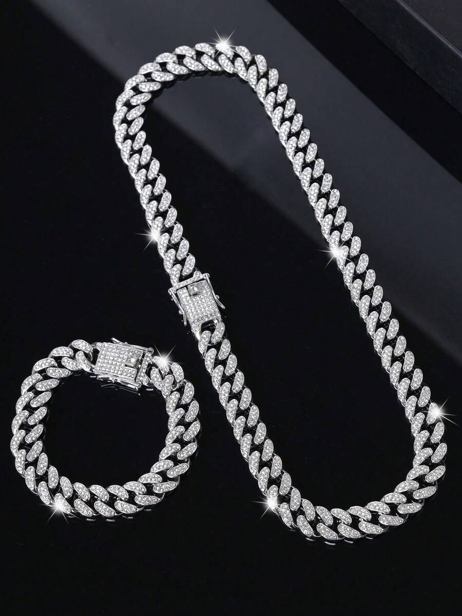 2 Pieces Exquisite Cuban Chain Necklace Bracelet Set, Unisex Hip-Hop Jewelry, Sparkling Christmas/Valentine's Day Gift