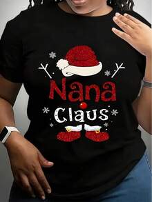 Fashionable Fitted Round Neck Christmas Hat Snowflake Letter Print Short Sleeve T-Shirt For Women - Black - View 1