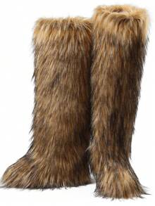 Women Fashionable Winter Christmas Furry Knee High Long Boots Pull-On Faux Fur Round Toe Boots Warm Knee High Boots Outdoor Flat Shoes Party Casual Winter Fall Boots - 棕色 - 查看 4