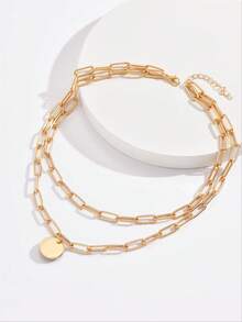 1pc Charm Round Pendant Double Layer Necklace, Paperclip Chain Necklace