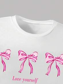 少女蝴蝶结印花长袖上衣和蝴蝶结印花裤子套装 - 白色 - 查看 3