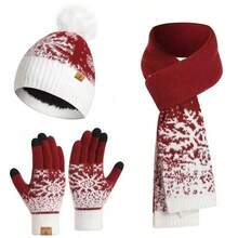Set de 3 piezas a juego para la familia en Navidad - Gorro de invierno acogedor, bufanda y guantes con estampado de copos de nieve, de tela suave, elástica y transpirable, ajuste elástico, adecuado para mujeres y niñas, lavable a máquina, atuendo ideal para fotos familiares, fiestas y actividades al aire libre