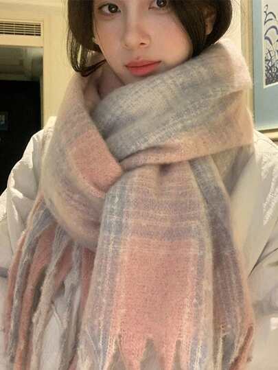 1pc Pink Plaid Scarf For Women, Warm Shawl Wrap, Student Style, Tasseled Neck Warmer, 2020-2025 New Collection, Winter