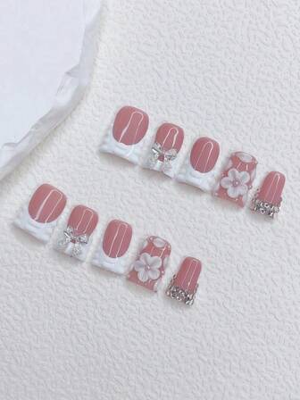 10pcs Y2K Style Red & White French Press-On Nails, Handmade 3D Floral Carved Duck Mouth Nail Tips With Silver Bowknot & Rhinestone Decor, Suitable For Daily And Party Wear, Great Gift For Women And Girls