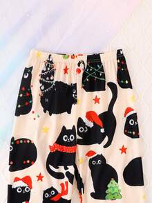 2pcs/Set Boys & Teens Casual Cartoon Cat Animal Print Lapel Long Sleeve Cardigan And Pants Sleepwear Set, Flame Retardant, Suitable For Christmas & All Seasons