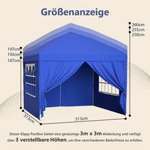 Pavillon 3x3 m mit 4 Seitenwänden | 3-fach Höhenverstellbarer Faltpavillon | Gartenpavillon in Blau