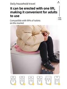 这款卡通造型的婴儿马桶座圈采用PP材质，内衬TPE软垫，呵护宝宝娇嫩的臀部，防止着凉。座圈底部六个吸盘确保其牢固地吸附在马桶上。座圈可拆卸清洗，并配有内置提手，方便携带。适用于如厕训练、断尿布和如厕训练。