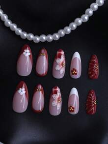 24 piezas de uñas postizas con forma de almendra en caja de regalo, patrón de cocodrilo rojo de otoño e invierno, flores tridimensionales en forma de abanico rojo, pegamento con bolas de acero dorado, adecuado para citas, reuniones, fiestas, salidas, bodas y otras ocasiones. Incluye 1 pieza de pegamento de gelatina y 1 lima