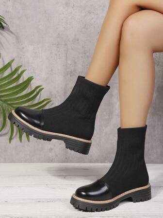 女士圆头套脚时尚踝靴，经典时尚户外弹力靴，秋冬款