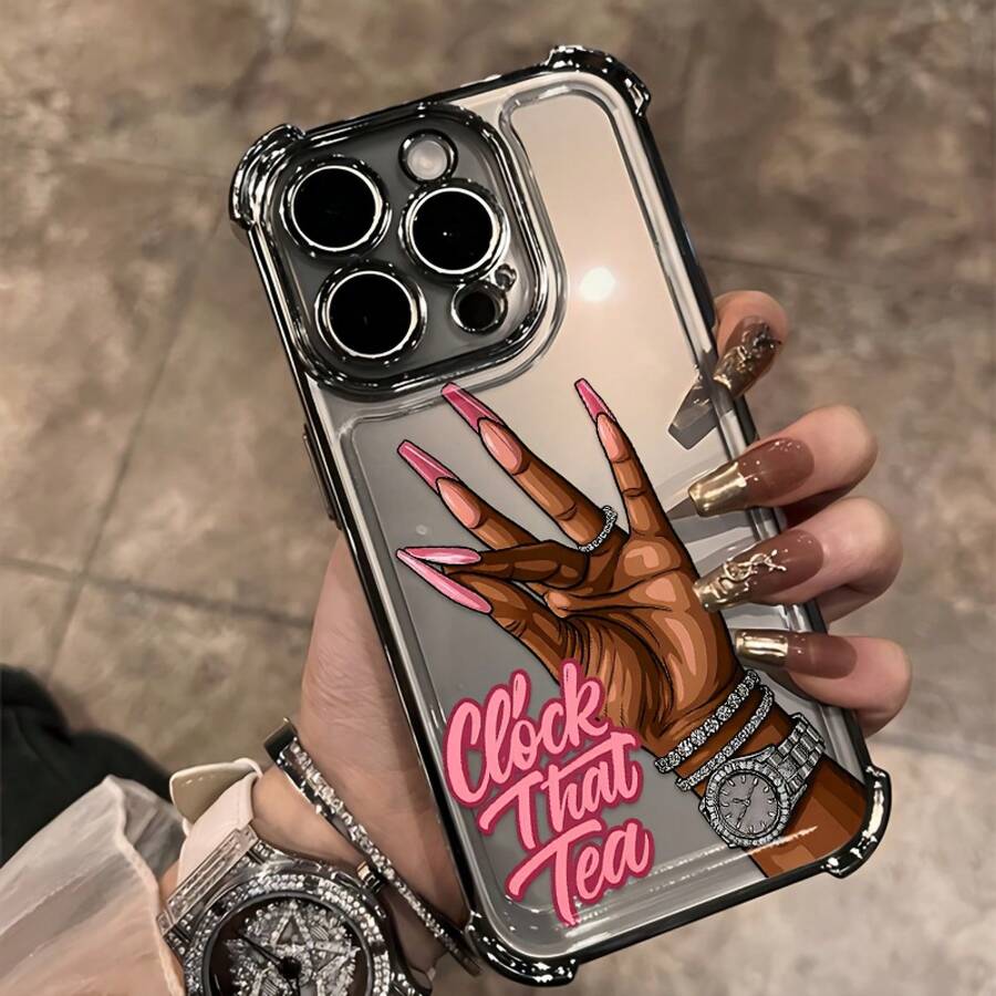 1pc Fashionable Premium Minimalist,Pink Fashion Creative English Clock That Tea Design Phone Case Suitable For  17 16e 16 15 14 13 12 11 Mini Pro Max Air X XR XSMAX 8 7 Plus Anti-Drop Transparent Soft Back Cover, Daily Use Cover, Shockproof Case,  Phone Accessory, Durable Material, Highquality Case, Stylish Case, [Local Warehouse Fast Shipping] Series Waterproof Shockproof Scratch Resistant - 款式1(1pc) - 查看 1