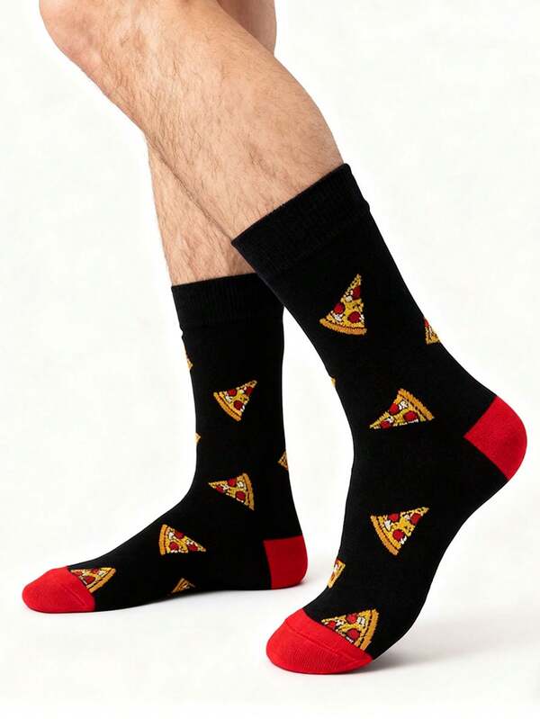 1 Paar neuartige Pizza-Muster Herren Socken, schwarz rote Baumwoll Crew Socken, Lustige lebensmittelthematische Socken für & Pizza-Fans