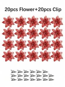 1 pieza/10 piezas Adorno de flor de Pascua brillante rojo con brillo para árbol de Navidad (con clips), Arbustos de flores de Pascua brillantes, decoraciones navideñas aptas para Navidad/festividades/temporada/boda