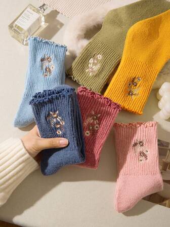 6双保暖刺绣花卉羊毛袜（全色系）