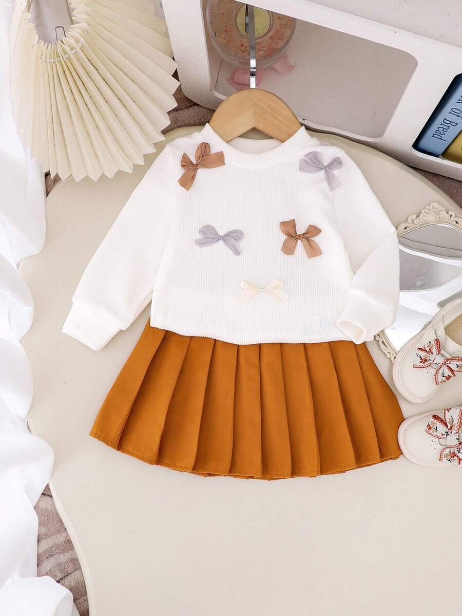 2 件套女婴可爱长袖蝴蝶结上衣 + 裙子套装，轻便，适合春秋季 - 駝色 - 查看 1
