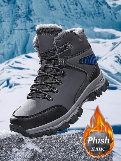 Men's Winter Snow Boots, Waterproof Thermal Lined Plus Size Sneakers, Outdoor Warm Hiking Shoes, Non-Slip Durable Soles, Gray, Suitable For Cold Weather Daily Wear, Hiking, Trekking, Snow Walking