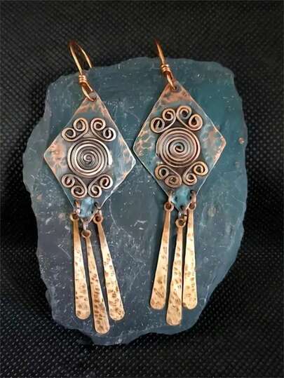 1 Pair Vintage Bohemian Style Rhombus Spiral Pattern Tassel Geometric Pendant Earrings, Jewelry Gift Suitable For Women Party And Travel