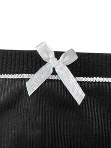 7pcs Black, Minimalist Ribbed Polyester Hipster Panties For Girls, Bow Decor