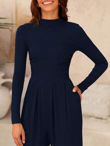 Overol de una pieza para mujer, elegante, casual, de manga larga, cuello redondo, pierna ancha, trajes de vacaciones 2025 - Azul Marino - Ver 5