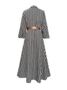 Women's Printed Long Dress With Contrast Color Belt - Multicolor - View 2