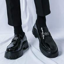 Metal Decorative Buckle Shiny Thick-Soled Loafers - Formal Shoes For Weddings And Parties - Versatile For Daily Wear/Relaxation - Chunky Loafers - New Style - Streetwear Dress Shoes - Men's Business Casual Shoes - Size 40-46 - 黑色 - 查看 8