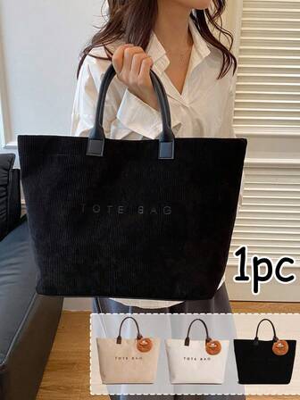 Bolso de tote de pana para mujer con colgante de peluche de boca grande, nueva bolsa de pana de otoño e invierno para estudiantes, bolso de mano, bolso de hombro, ligero, cierre con cremallera, forro de poliéster, unicolor, detalle de pintura de borde - Para mujeres de moda - Adecuado para uso diario, viajes, compras - Regalo perfecto para adolescentes y mujeres jóvenes, regalos de Halloween, regalos de Navidad, regalos de Pascua