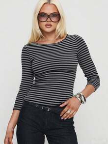Women 3/4 Sleeve Textured Stripe T-Shirt Round Neck Tops - Dark Grey - View 1