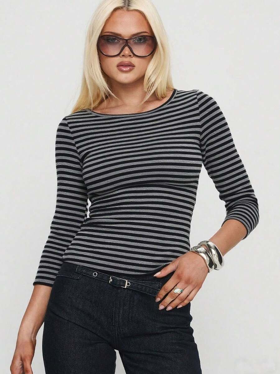 Women 3/4 Sleeve Textured Stripe T-Shirt Round Neck Tops - Dark Grey - View 1