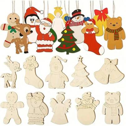 1 Set Of 5 Packs DIY Wooden Christmas Ornaments - Assorted Shapes With Hanging Strings For Festive Decorations, Party Favors & Crafts, Wood Decor For Weddings, Birthdays, Confirmations & Holiday Celebrations (Assorted Styles)