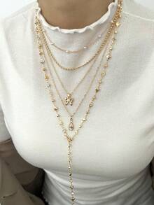 5 件 Y 形项链套装，时尚简约优雅复古设计，带蝴蝶结、水滴、心形、水钻、仿珍珠、流苏吊坠、Y 形项链，适合节日、派对、日常佩戴、礼物 - 金黃色 - 查看 5